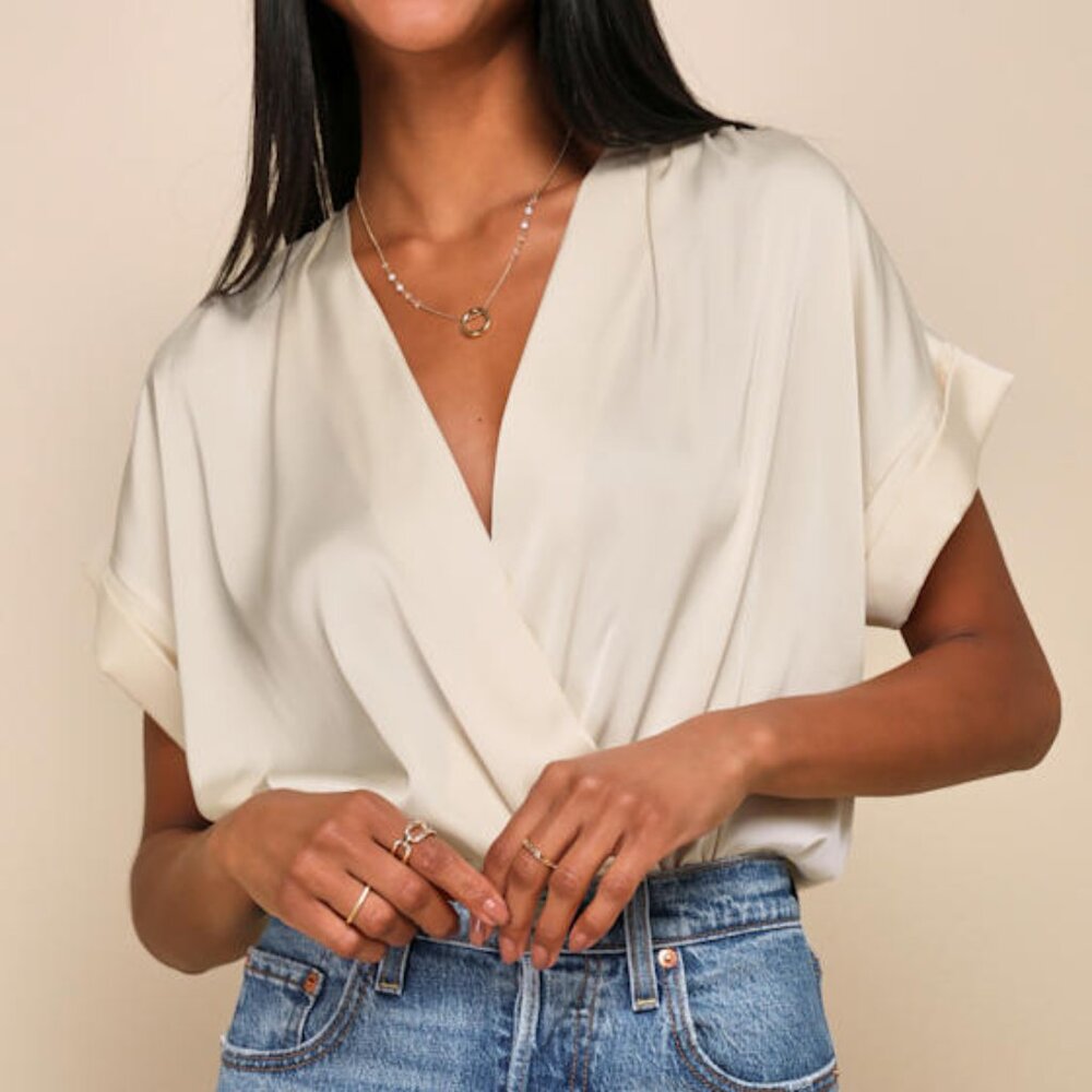 Lulus Posh Precision Champagne Satin Surplice Short Sleeve Bodysuit Beige